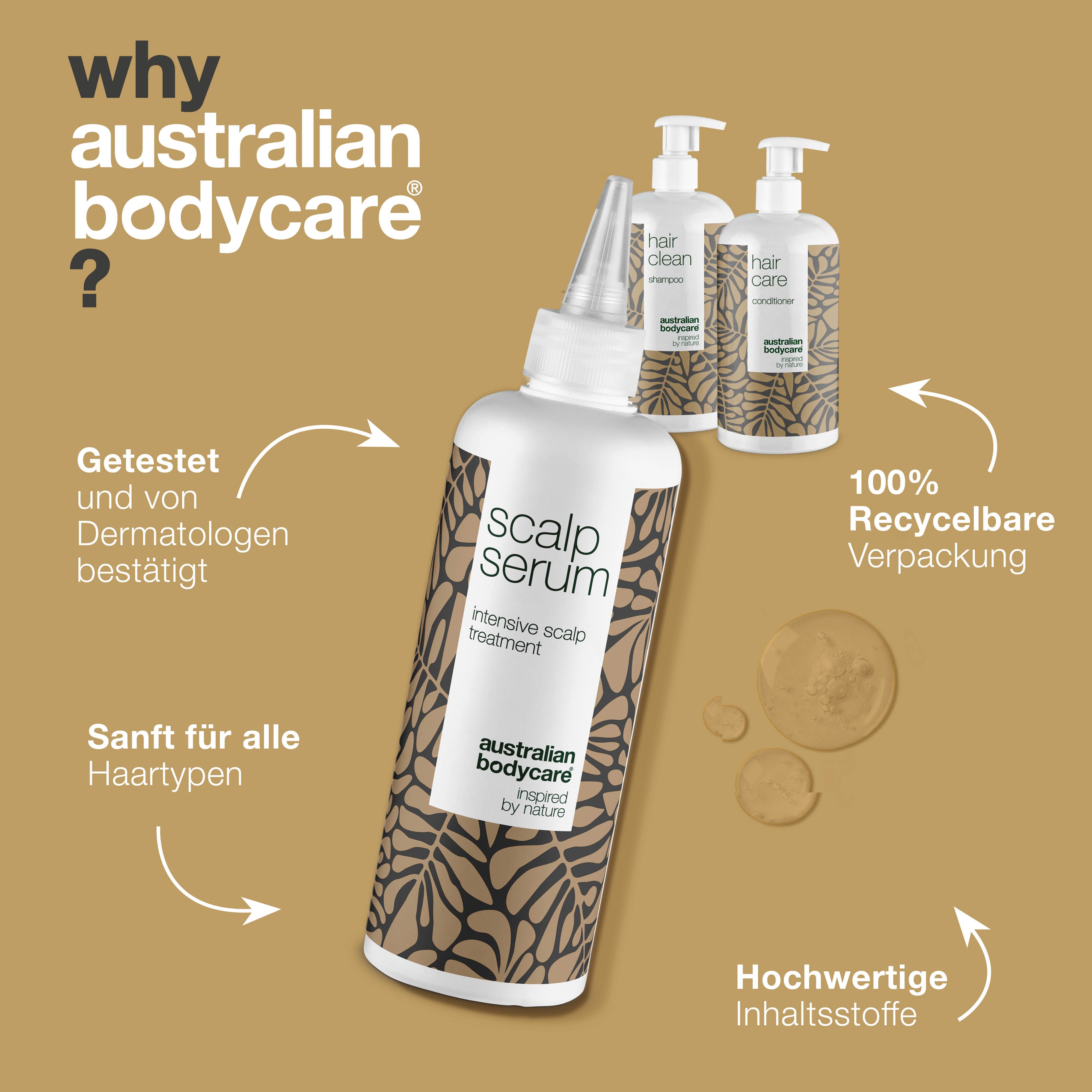 Drei Flaschen Australian Bodycare. Kopfhautserum im Vordergrund. Text: Getestet, 100% recycelbare Verpackung, hochwertige Inhaltsstoffe.
