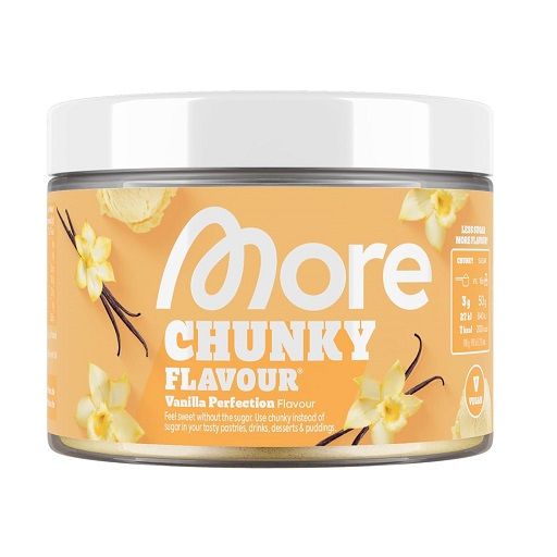 Behälter mit "More Chunky Flavour" Vanilla Perfection. Orangefarbenes Etikett mit Produktnamen und Vanilleblüten. Deckel weiß.