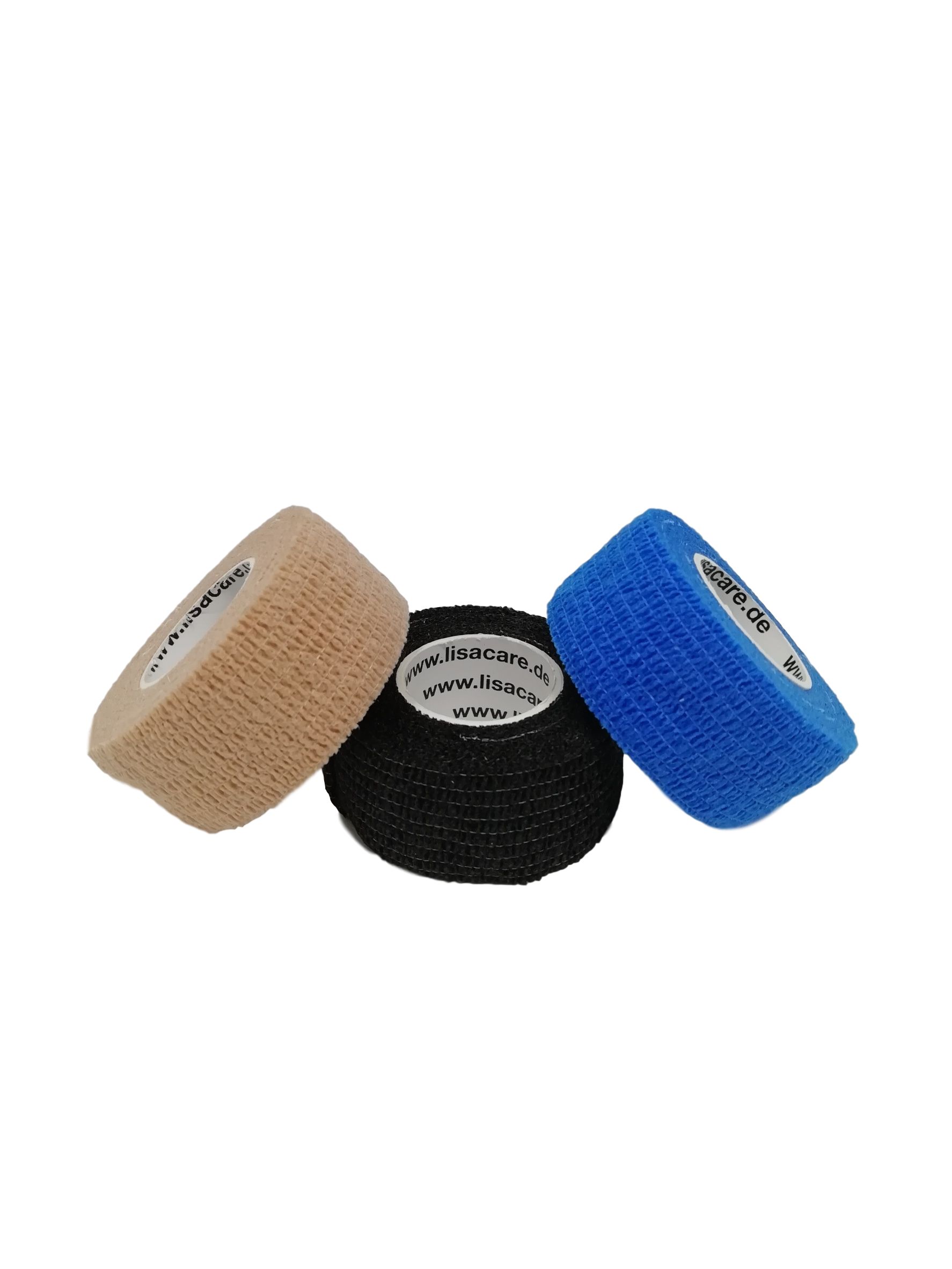 Drei Rollen selbsthaftendes Fingerpflaster in Beige, Schwarz und Blau. Jede Rolle hat einen weißen Aufkleber mit Text.
