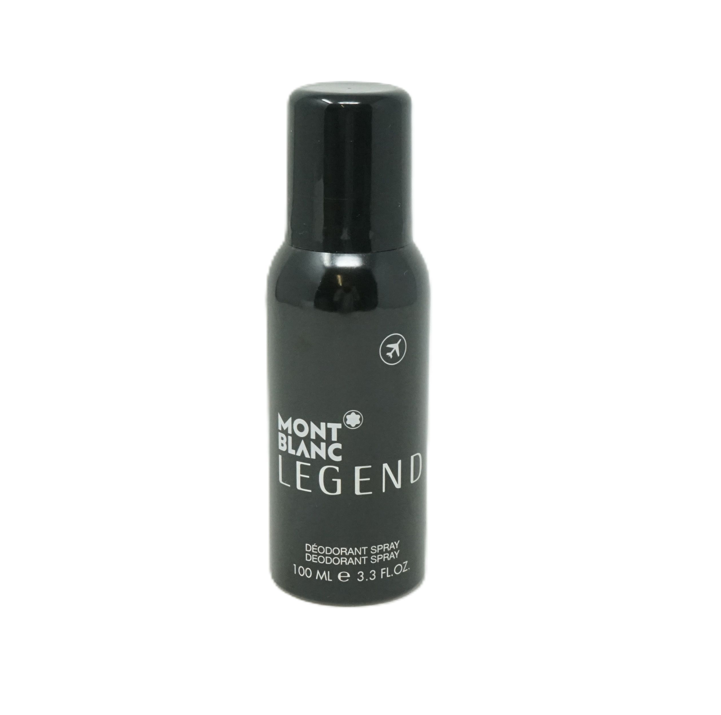 Schwarze Deodorant-Spray-Flasche. Text: Montblanc, Legend, Deodorant Spray, 100 ml. Logo mit Stern.