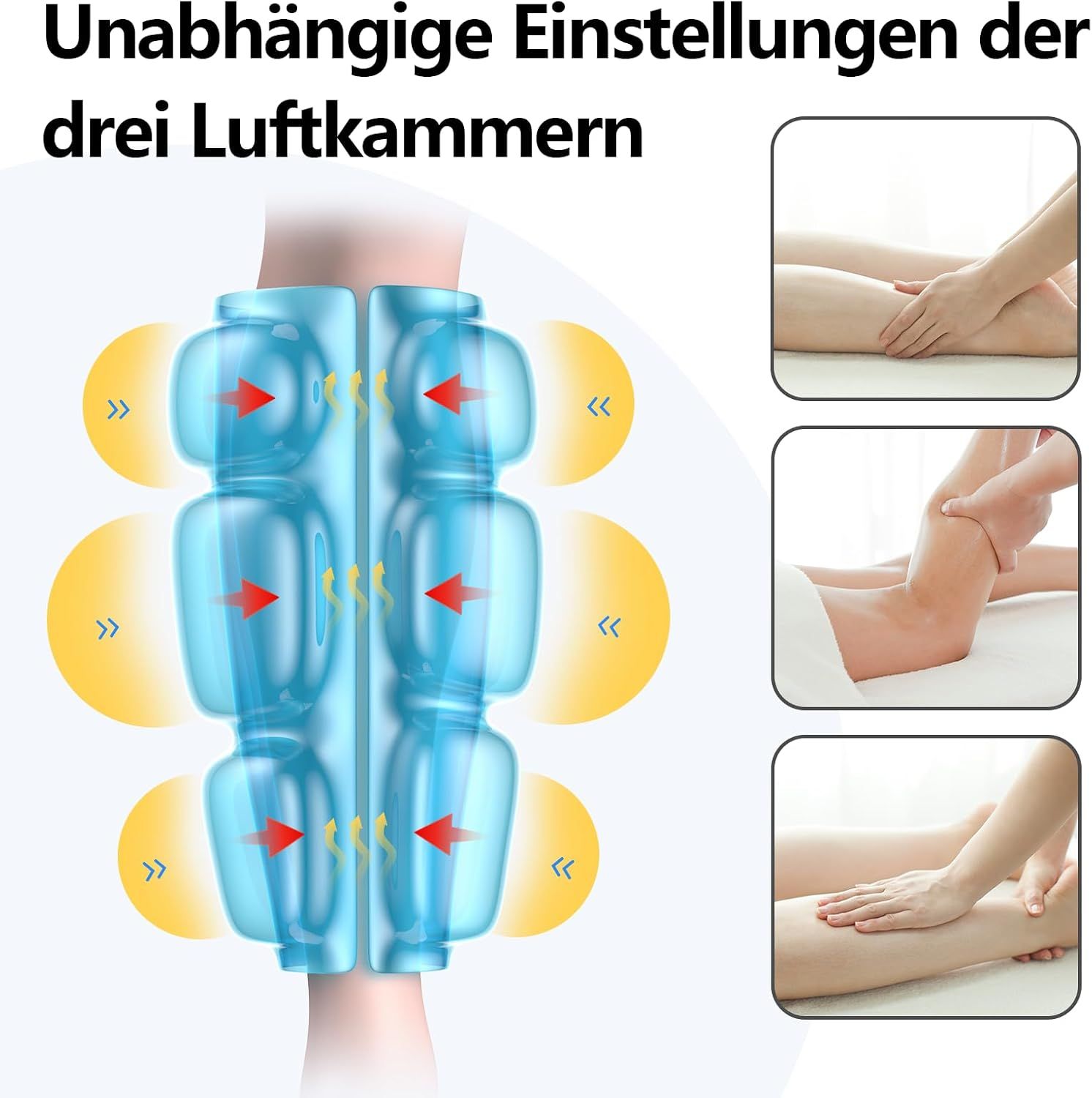 Illustration von Luftkammern für Beinmassagegeräte mit roten Pfeilen.