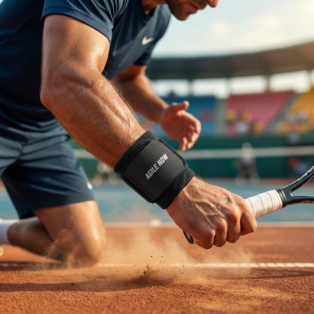 Schwarze Handgelenkbandage mit der Aufschrift "AGILE NOW" an einem Tennisspieler.