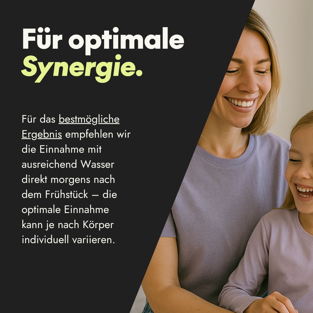 Frau und Kind lachen. Text: Für optimale Synergie. Für das bestmögliche Ergebnis empfehlen wir die Einnahme mit ausreichend Wasser.