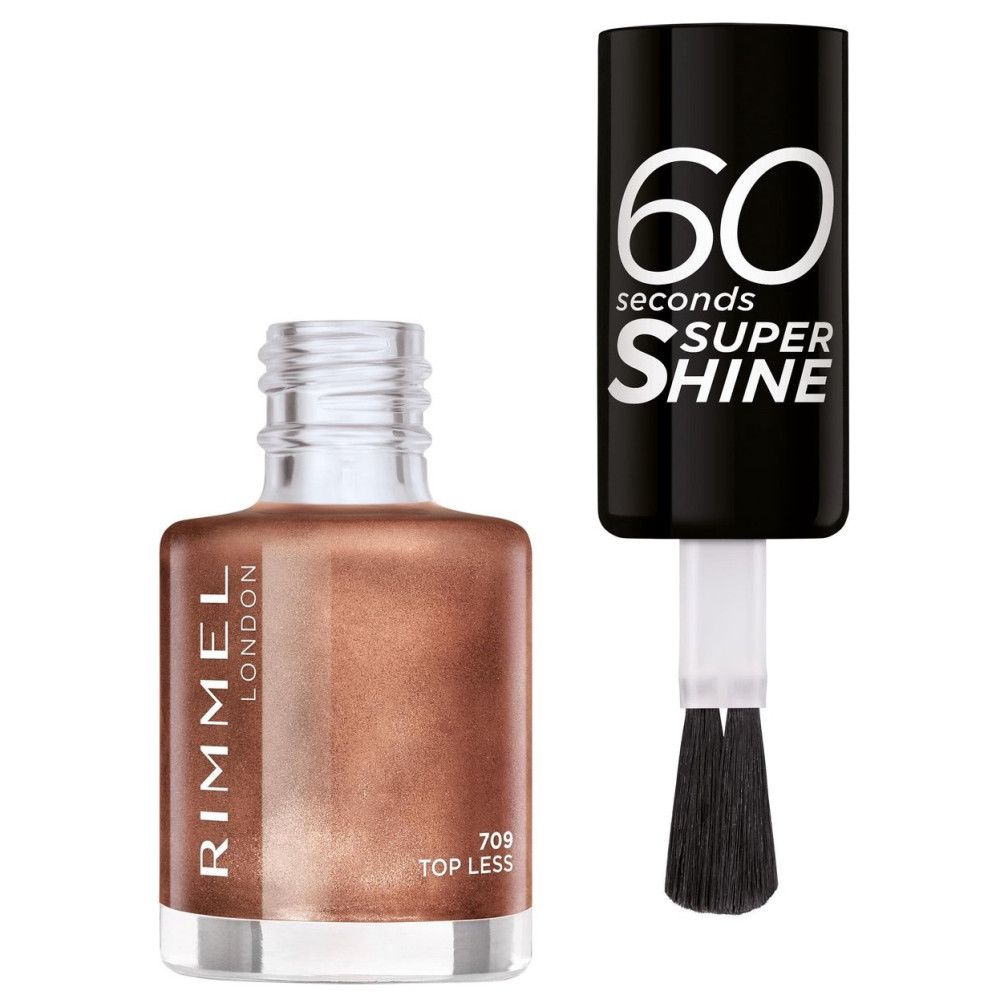 Nagellackflasche, braun-metallic, geöffnet. Schwarzer Deckel mit "60 seconds Super Shine"-Logo und Pinsel. "Rimmel London" und 709.