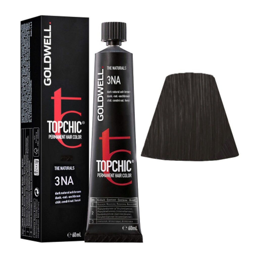 Goldwell Topchic Haarfarbe, dunkel natur aschbraun. Tube und Schachtel, Farbsträhne.