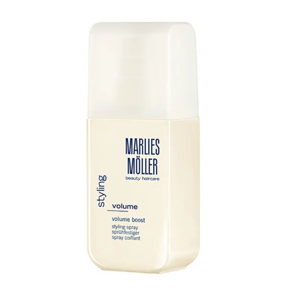 Beige Sprühflasche mit weißem Deckel. Aufschrift: Marlies Möller, Volume Styling Spray. Blaue Akzente.