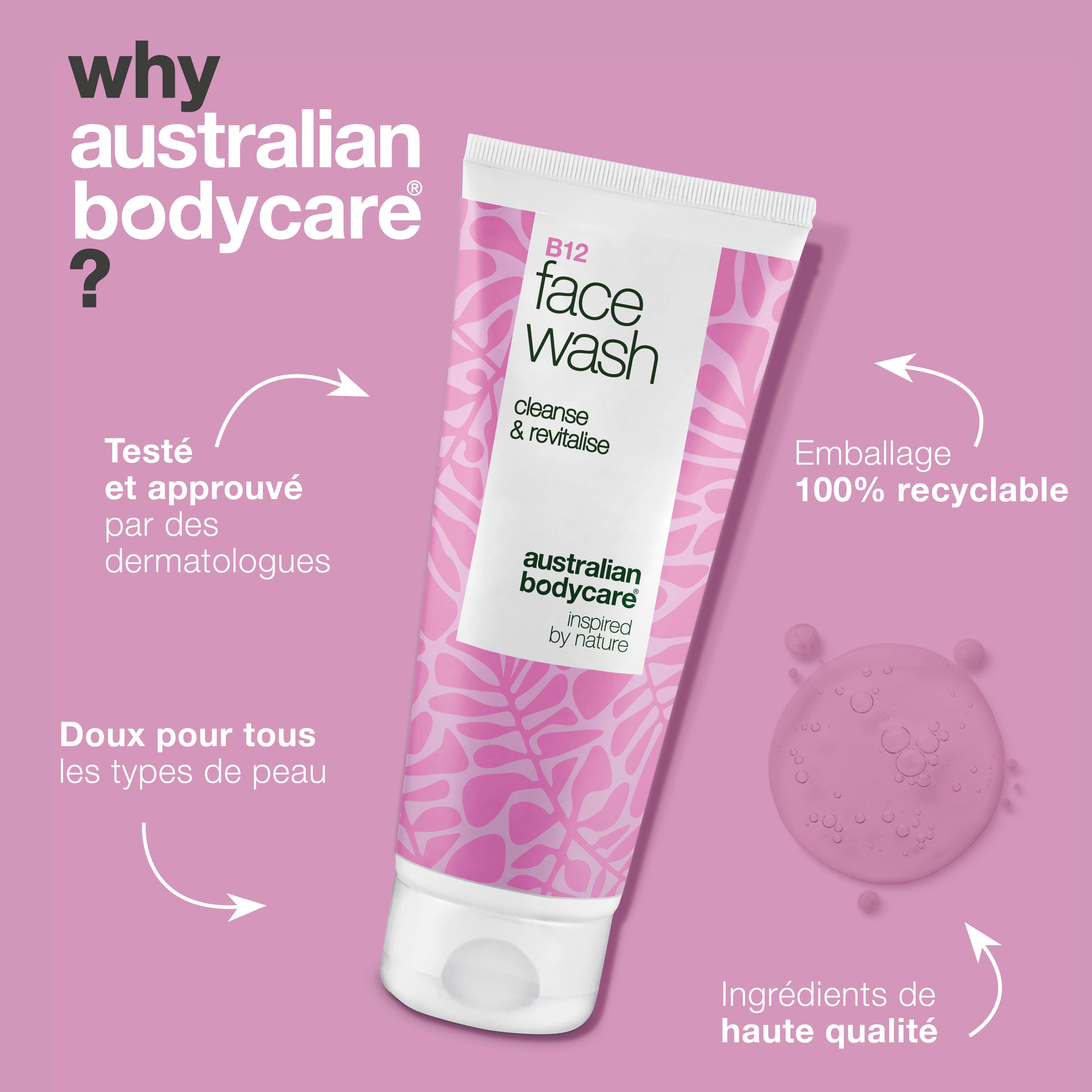 Tube de nettoyant visage avec texte et flèches. Texte : Pourquoi Australian Bodycare ? Inscription : B12 Face Wash, Australian Bodycare.