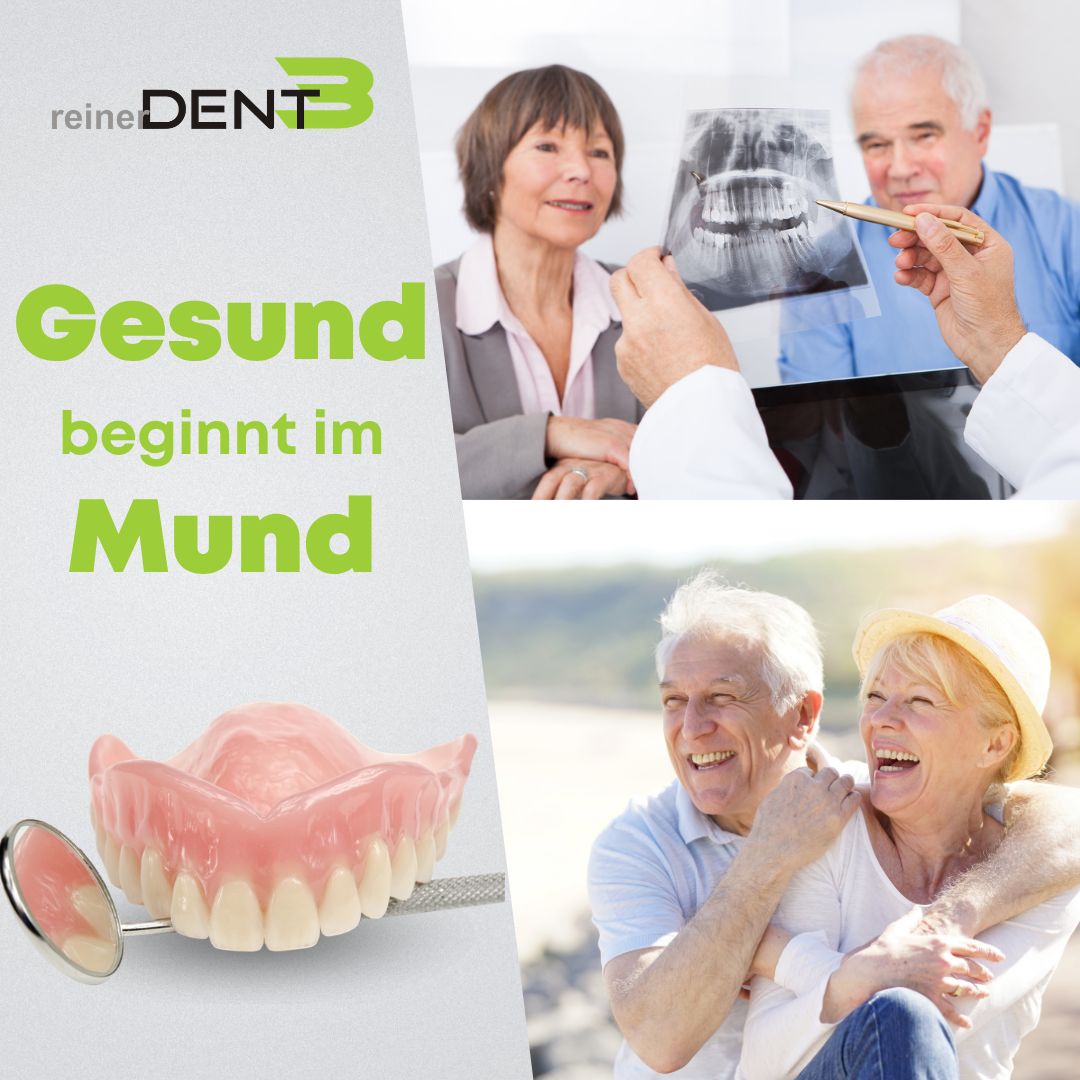 Collage: Zahnarzt mit Röntgenbild, älteres Ehepaar, Zahnprothese mit Spiegel. Text: Gesund beginnt im Mund, reinerDENT3.