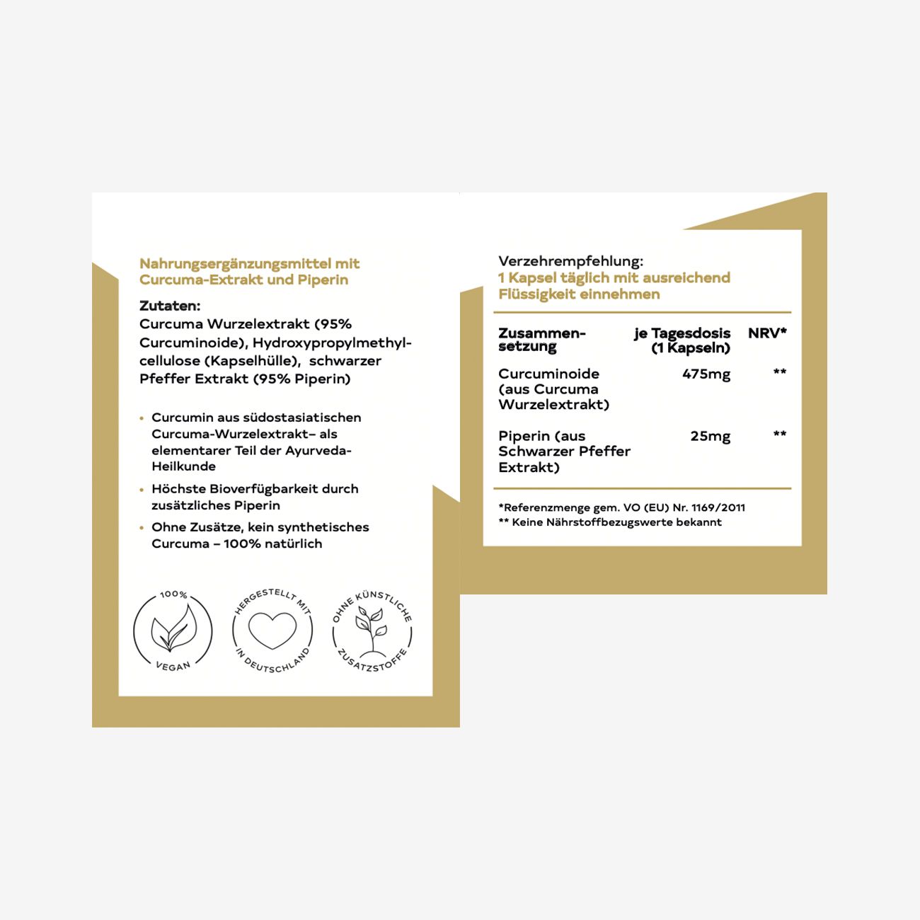 Beige Etikett mit Text: "Nahrungsergänzungsmittel mit Curcuma-Extrakt und Piperin". Inhaltsstoffe, Dosierung, Nährwerte und Logos.