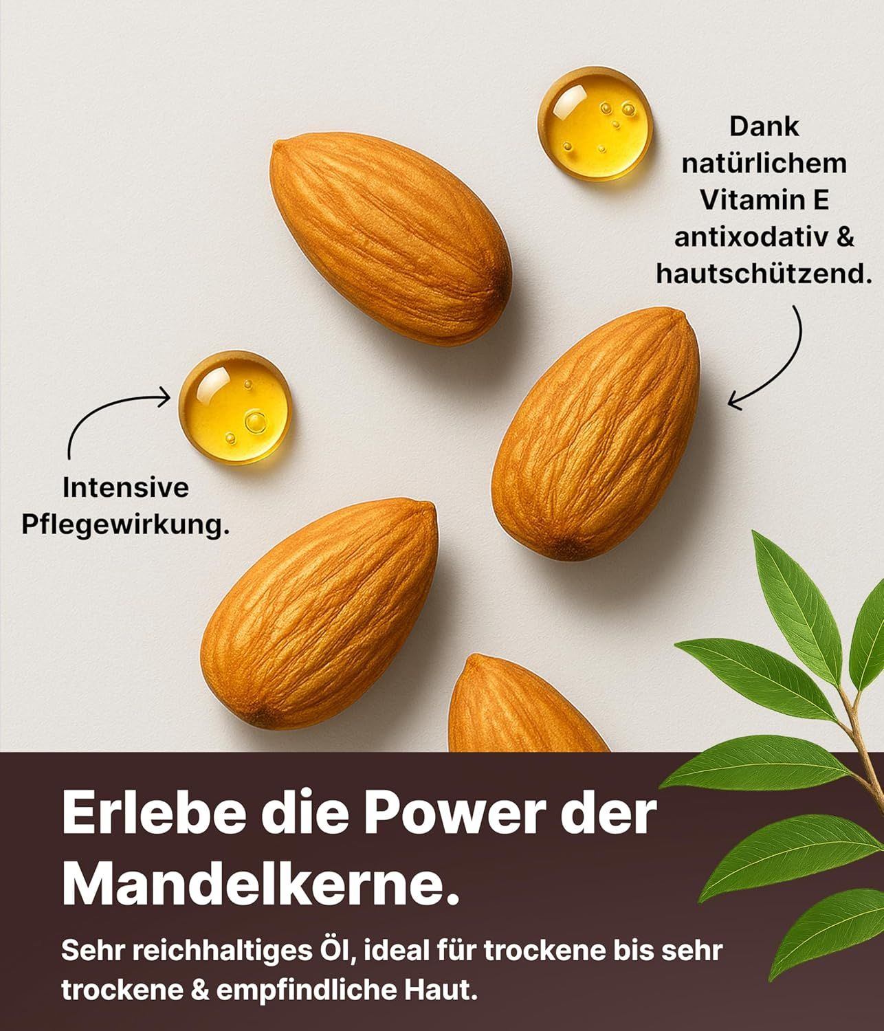 Mandeln und Öl-Tropfen. Text: Erlebe die Power der Mandeln. Vitamin E antioxidativ & hautschützend.