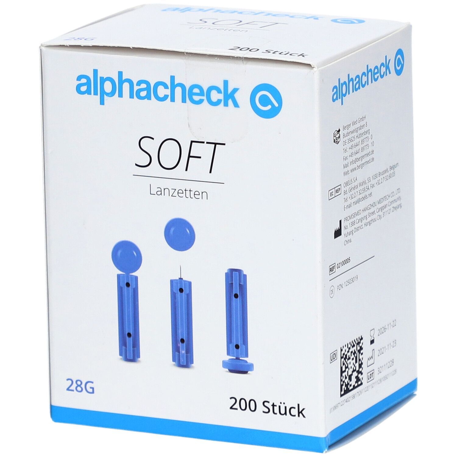 Schachtel mit alphacheck SOFT Lanzetten. Blaue Lanzetten und Kappen abgebildet. 200 Stück, 28G.