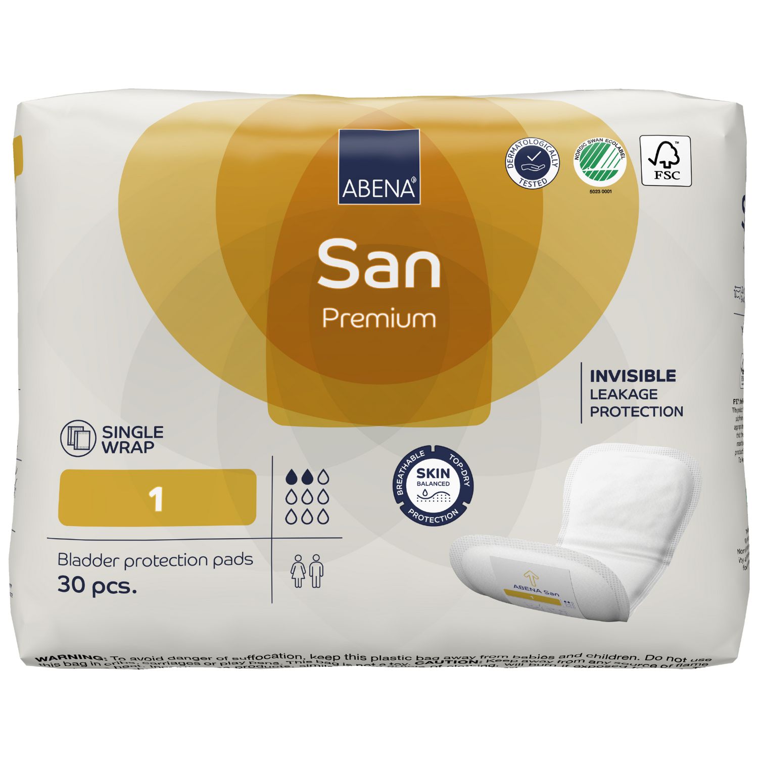 Verpackung ABENA San Premium Einlagen. Weiß, gelb und blau. Mit Produktbezeichnung, Zertifizierungen und einer Einlage.