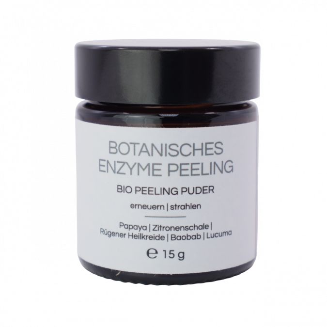 Braunes Glas mit schwarzem Deckel und Etikett. Text: Botanisches Enzym Peeling, Bio Peeling Puder, e 15 g.