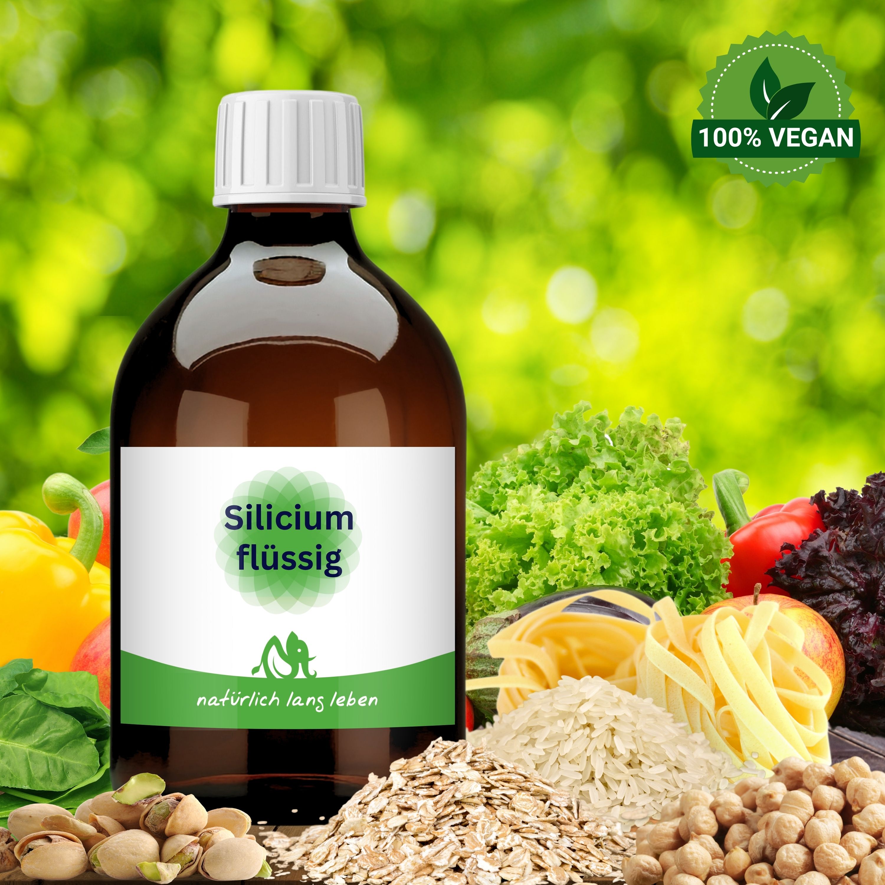 Braune Glasflasche mit weißem Etikett. Text: Silicium flüssig. Umgeben von Gemüse, Nudeln, Reis, Haferflocken und Kichererbsen. Vegan-Siegel.