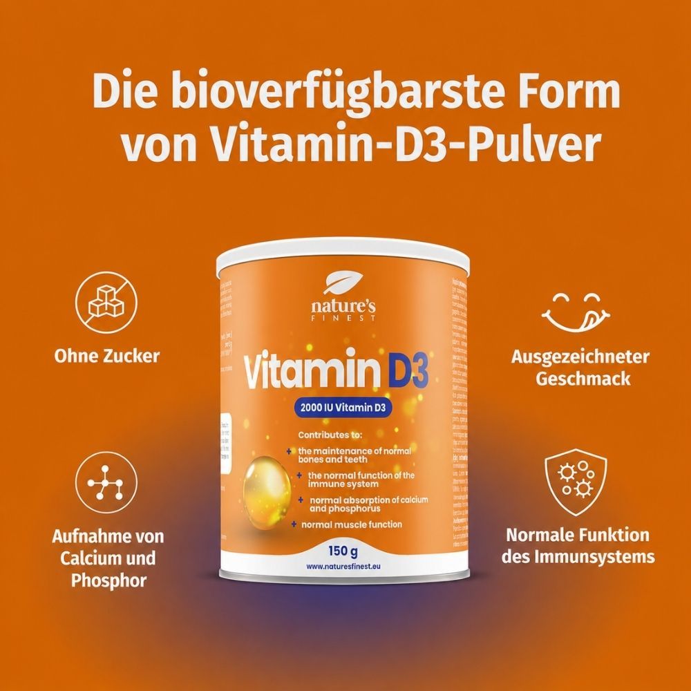 Nature's Finest Vitamin D3 Dose mit Icons: Ohne Zucker, Aufnahme von Calcium und Phosphor, normale Funktion des Immunsystems.