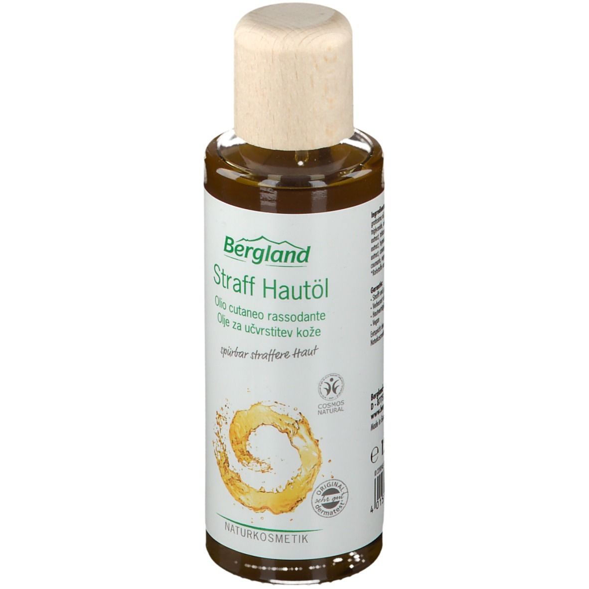 Bergland Straff Hautöl Flasche. Weißes Etikett mit Produktnamen und Logo. Holzfarbener Verschluss.
