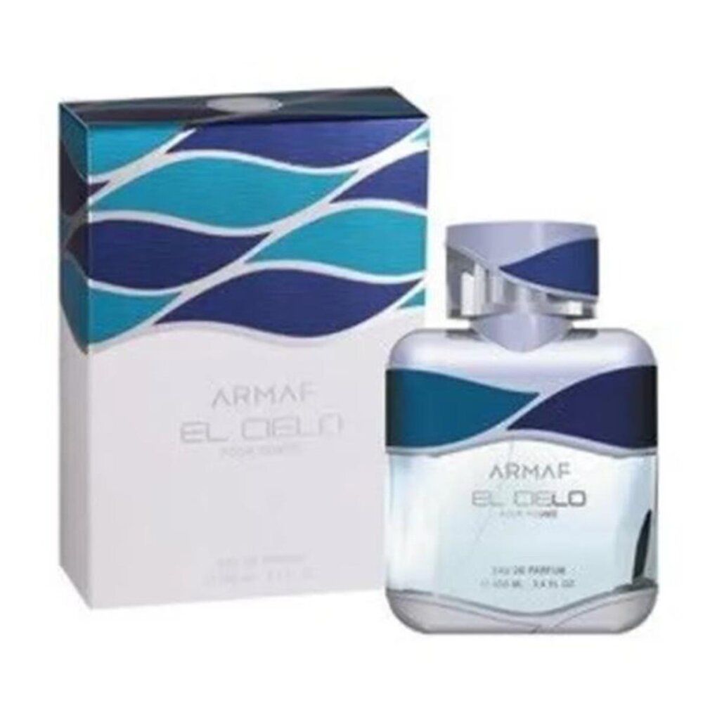Armaf El Cielo Pour Homme Flakon und Verpackung. Flakon mit blau-silbernem Deckel und blau-grünen Akzenten. Verpackung mit Wellenmuster.