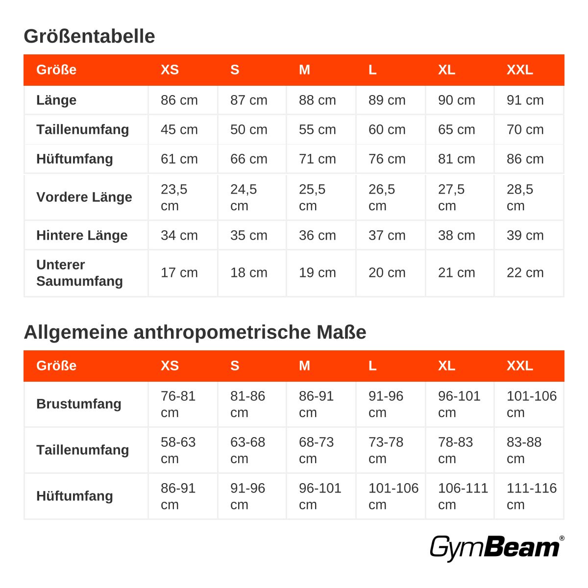 Größentabelle mit Maßen für Länge, Taillen-, Hüft-, Vorder- und Hinterlänge sowie Saumumfang in cm für Größen XS bis XXL.