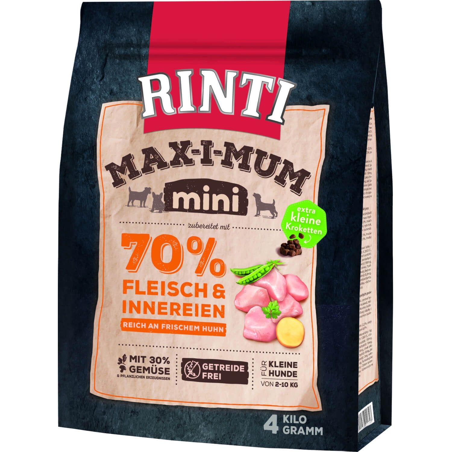Schwarze Tüte mit Rinti Max-i-Mum Mini. 70% Fleisch & Innereien, getreidefrei, für kleine Hunde. 4 kg.