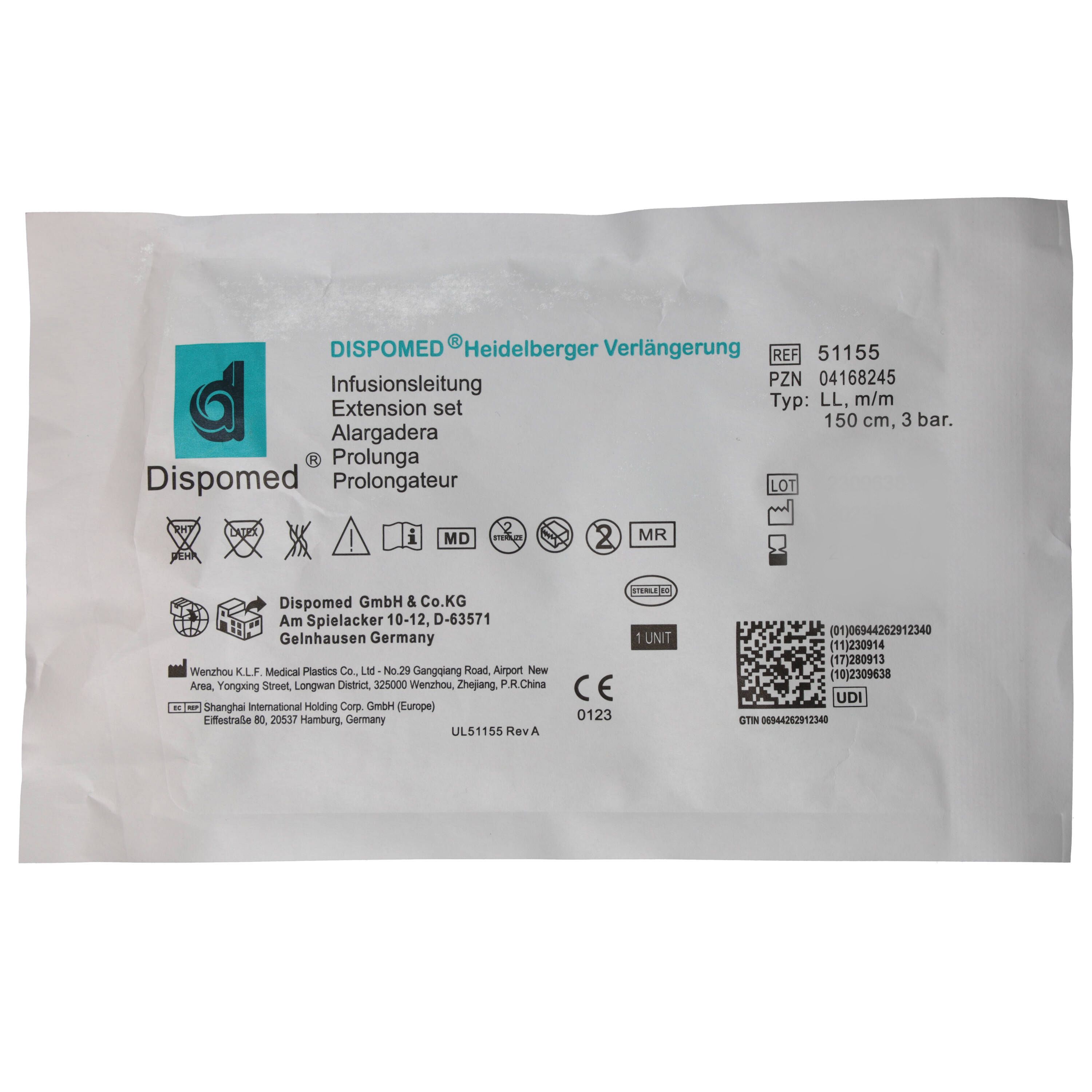 Verpackung mit Produktinformationen. Aufschrift: DISPOMED Heidelberger Verlängerung, 150 cm, m/m. Medizinprodukt.