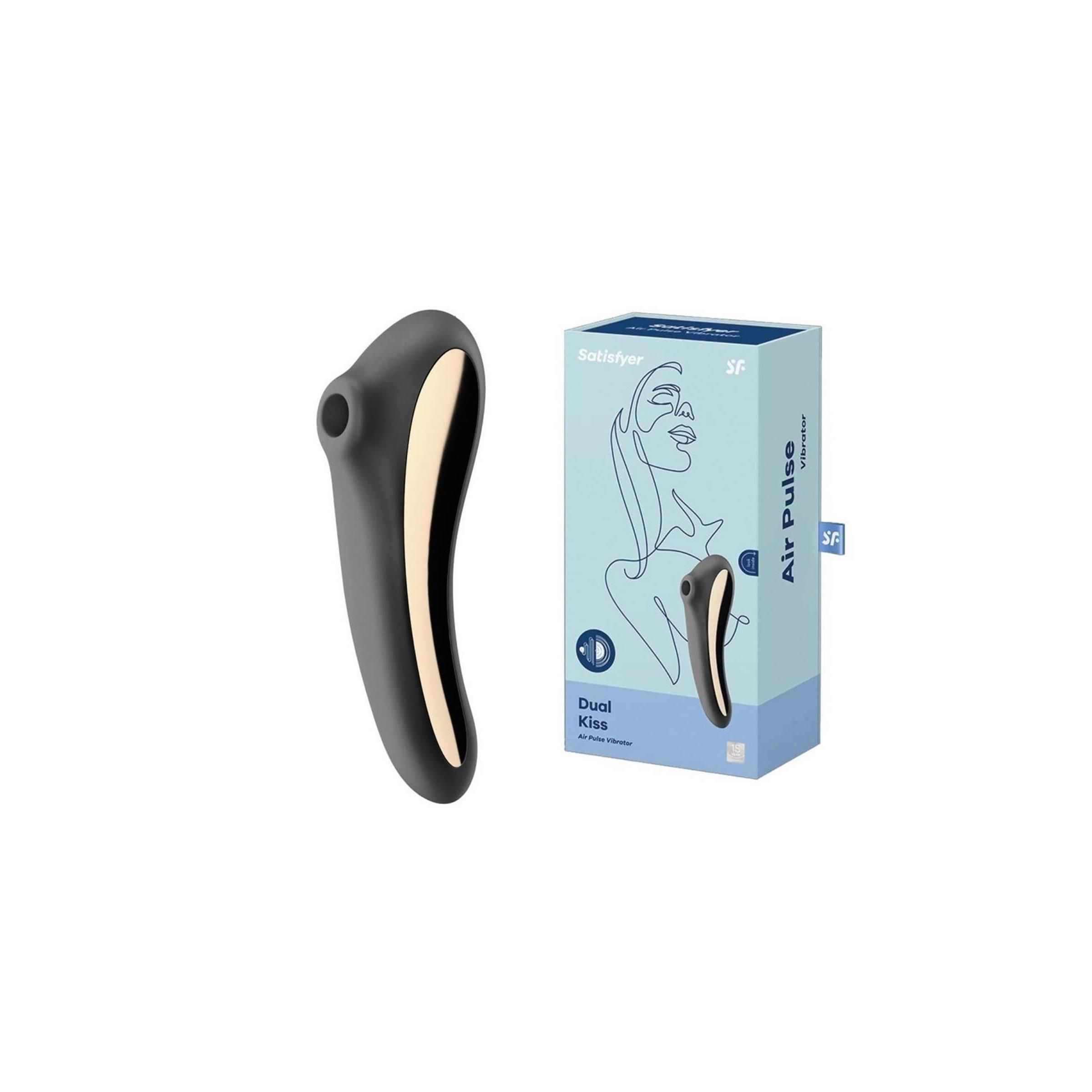 Schwarzes Wellness-Produkt mit goldfarbener Akzentuierung, neben Verpackung. Verpackung mit Produktabbildung und Schriftzug.