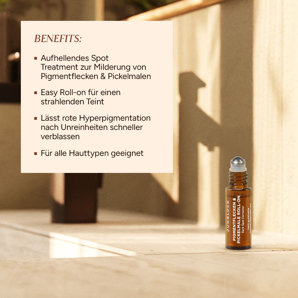 Roll-On-Flasche neben Text: Vorteile: Aufhellendes Spot Treatment, Easy Roll-on, Rote Hyperpigmentierung verblassen, Für alle Hauttypen geeignet.