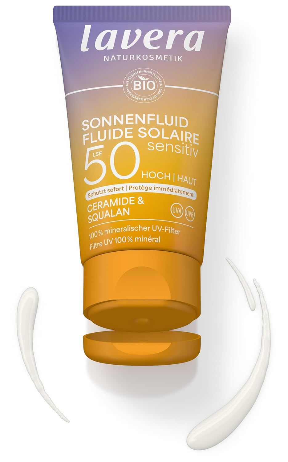 Sonnenlotion-Tube mit LSF 50. Marke: lavera. Produkt geöffnet, Creme sichtbar. Text: Sonnenfluid, sensitiv, 100% mineralischer UV-Filter.
