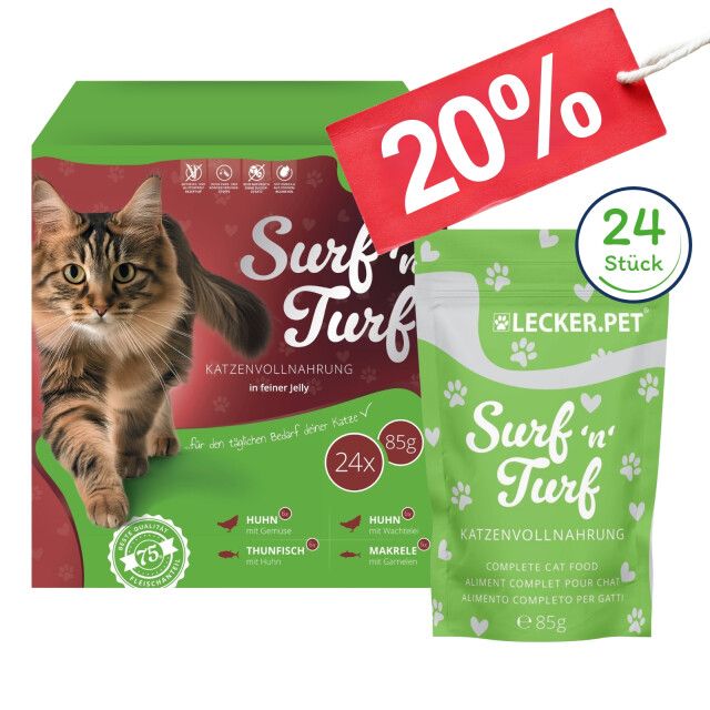 24 x 85 g Lecker.Pet® Surf'n'Turf Pouches Katzenfutter in feiner Jelly Nassfutter - 4 Sorten 24x85 Futter
