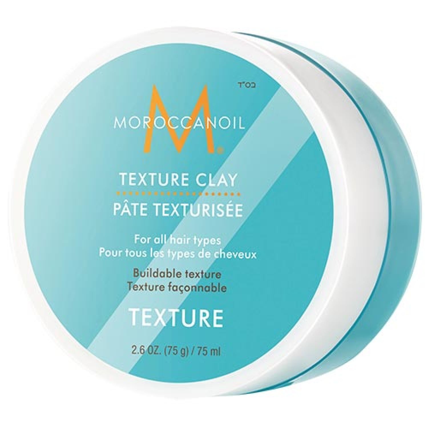 Runde Dose Moroccanoil Texture Clay. Türkis-weißes Design mit Produktnamen und Text. Enthält 75 ml.