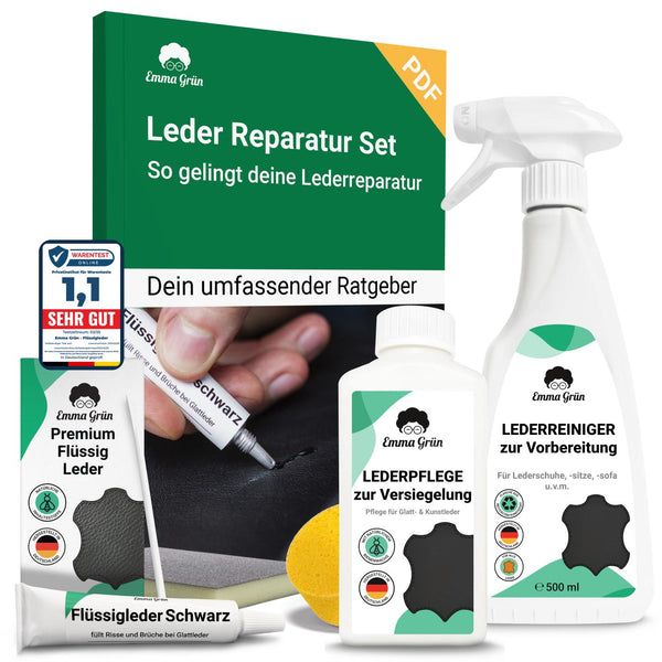Emma Grün® Leder Reparatur Komplettset mit Reiniger, Flüssigleder & Lederpflege