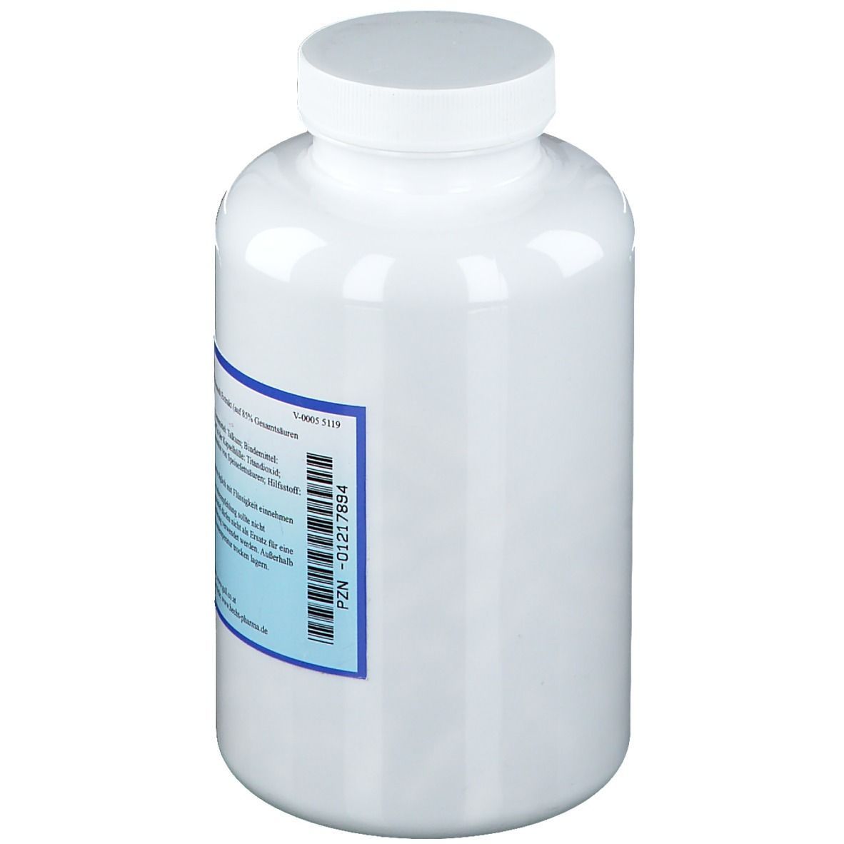 Weiße Flasche mit blauem Etikett. PZN-01217894. Rückseite mit Inhaltsangaben und Hersteller.