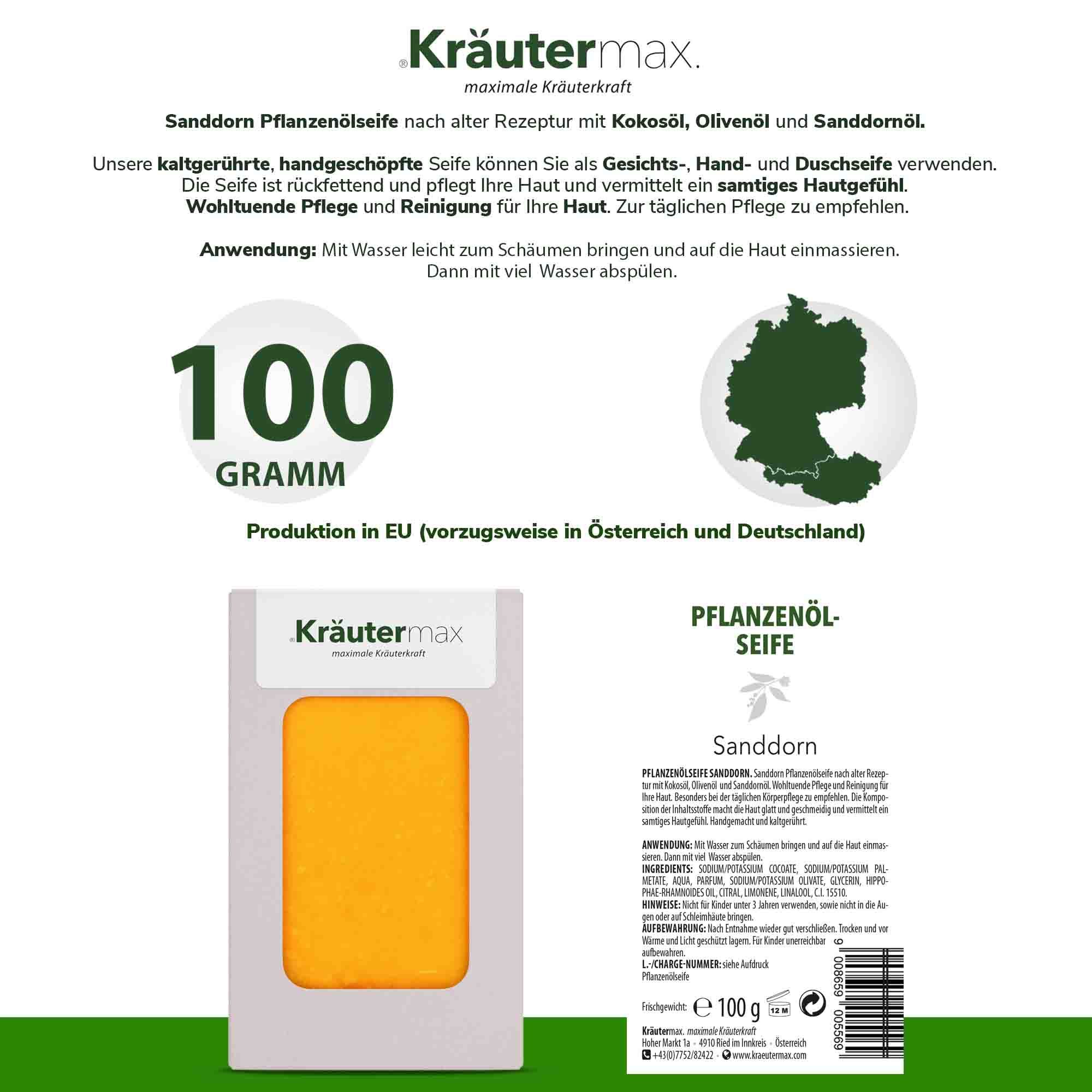 Verpackung Kräutermax Pflanzenölseife Sanddorn. Text mit Inhaltsstoffen und Produktionsangaben. 100 Gramm. Karte von Deutschland.