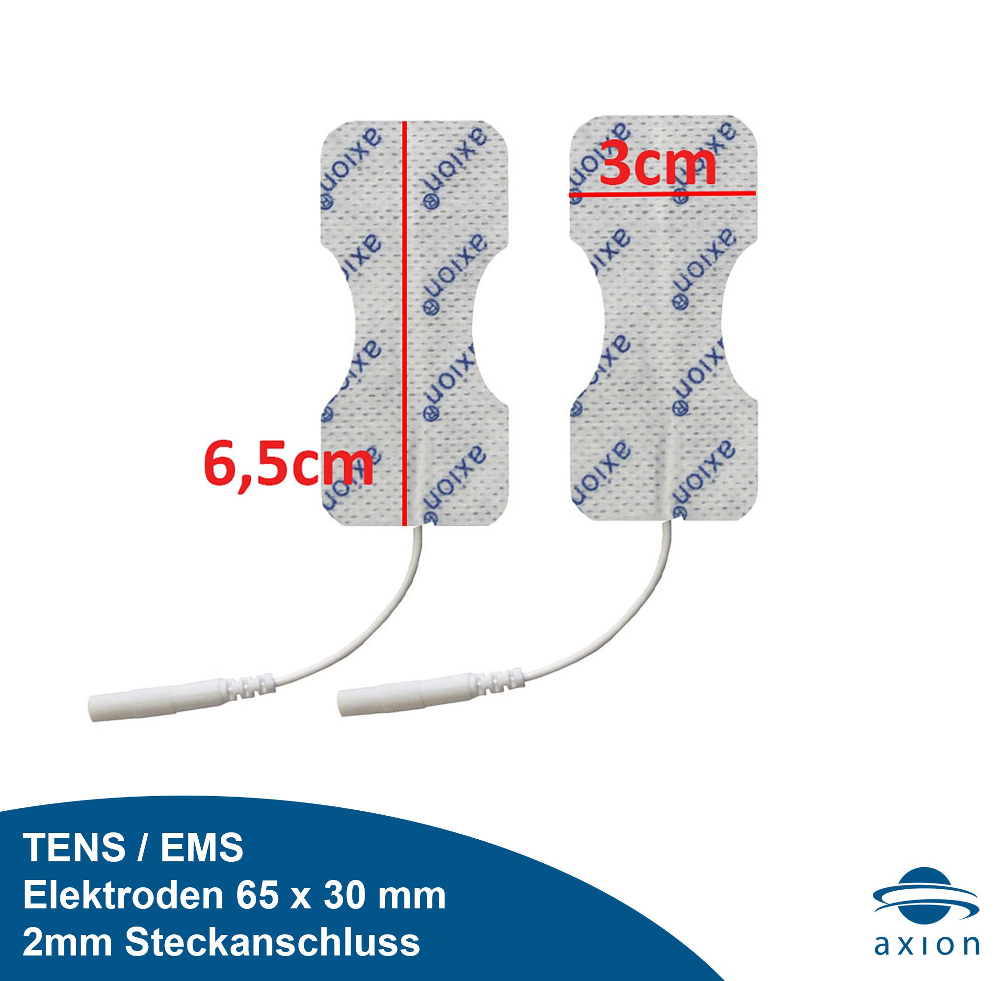 Zwei Elektrodenpads mit Größenangaben: 6,5 x 3 cm. Text: TENS/EMS, Elektroden 65 x 30 mm, 2mm Steckanschluss. Logo: axion.