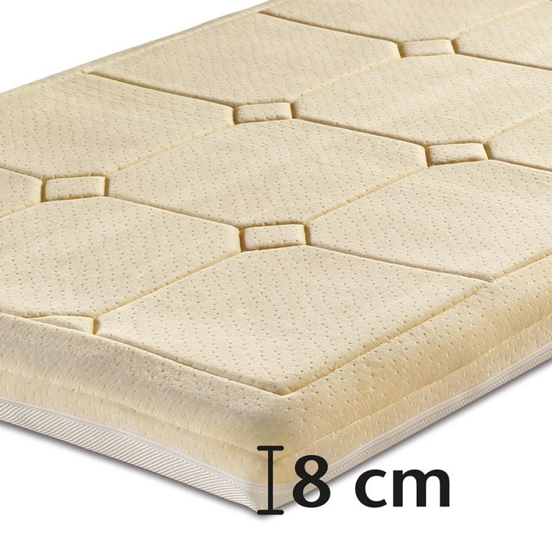 Beige Matratzenauflage mit gesteppter Oberfläche. 8 cm hoch. Rechteckig mit abgerundeten Ecken.