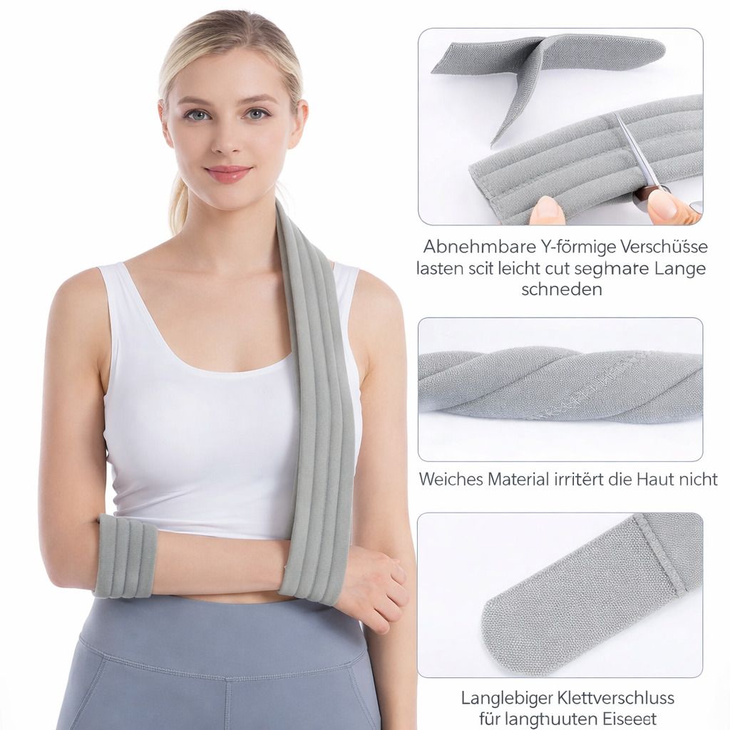 Frau mit grauer Armschlinge. Y-förmige Verschlüsse, weiches Material. Zusätzliche Details: Klettverschluss, zuschneidbar.