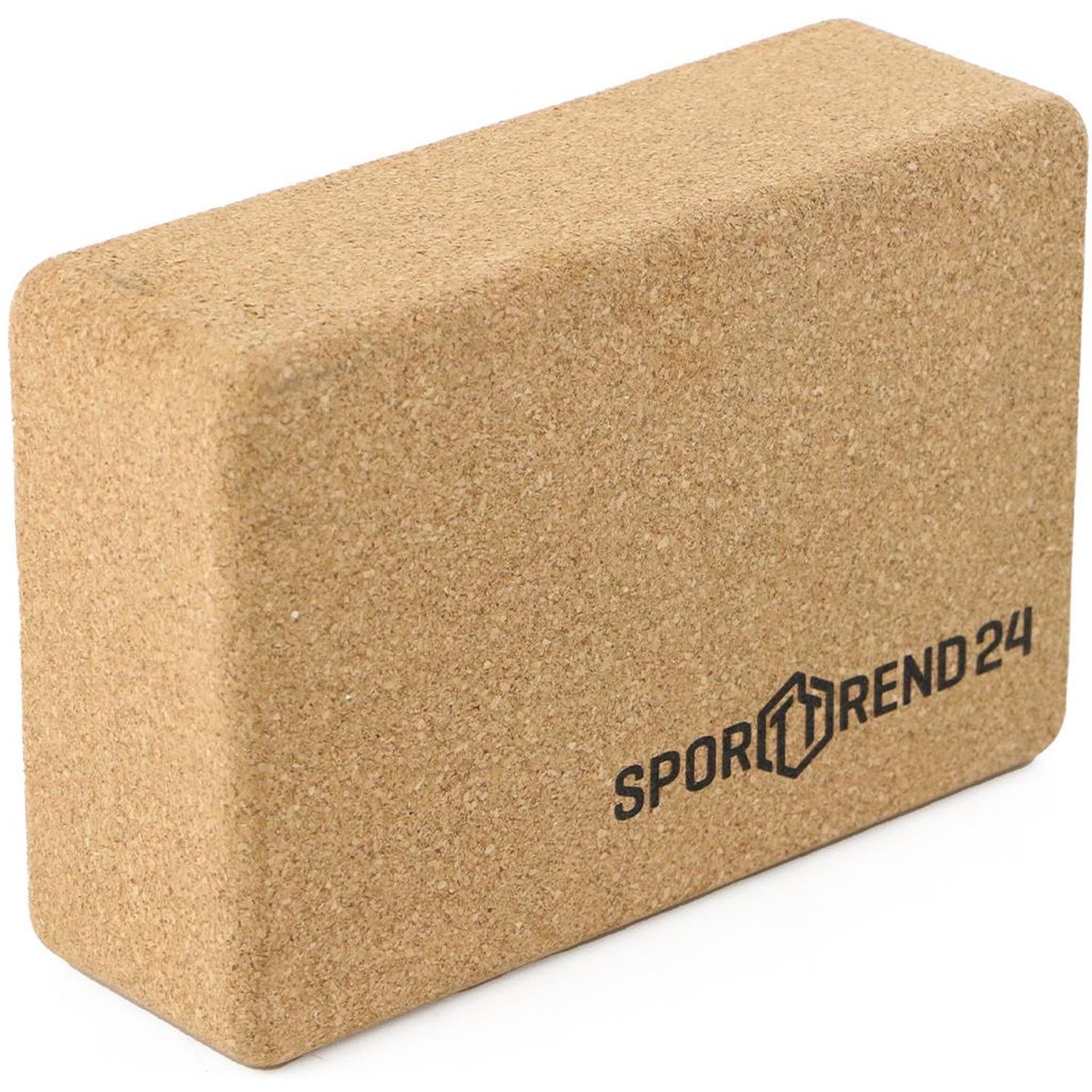 Yoga-Block aus Kork. Der Block hat das Logo Sporttrend24.