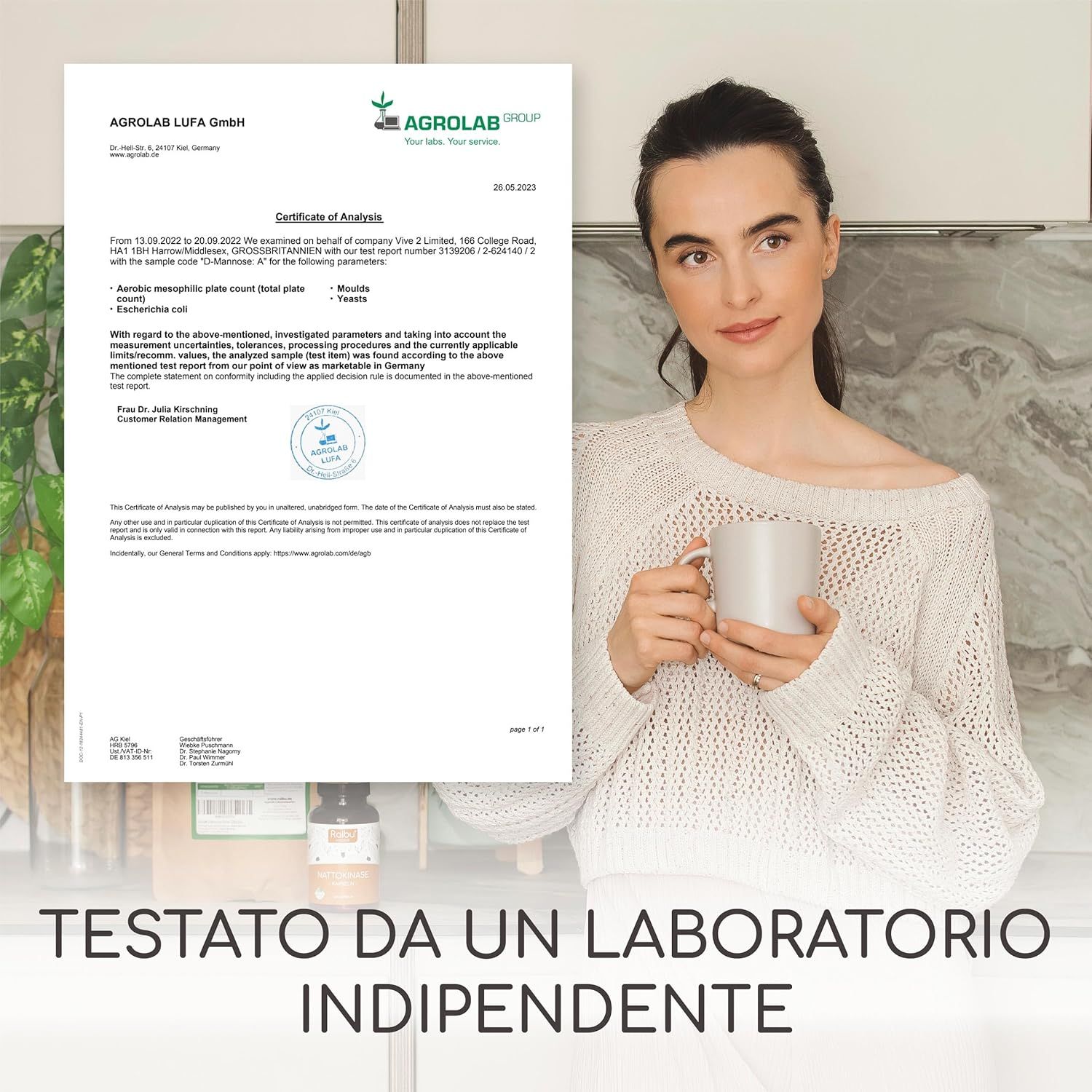 Certificato di AGROLAB LUFA GmbH. Firma e timbro. Testo: Testato da un laboratorio indipendente.