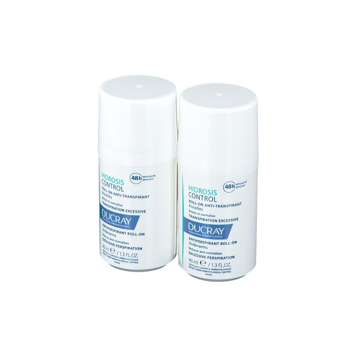 Zwei weiße Roll-on-Flaschen. Aufschrift: HIDROSIS CONTROL, DUCRAY, 40 ml.