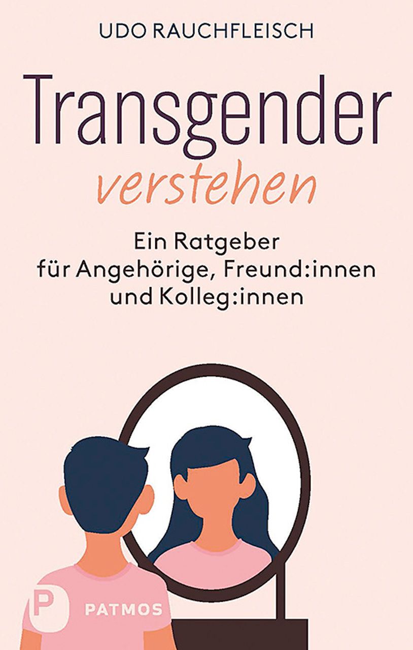Buchcover: „Transgender verstehen“. Titel in Lila und Orange. Illustration: Person vor Spiegel. Verlag PATMOS.