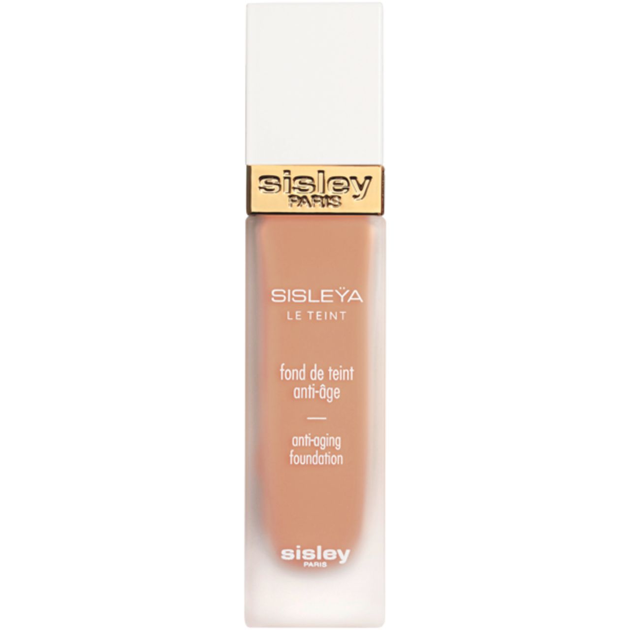 Sisley Sisleya Le Teint Foundation. Rechteckige Flasche mit weißem Deckel. Goldener Schriftzug. Aufschrift: Anti-Aging Foundation.