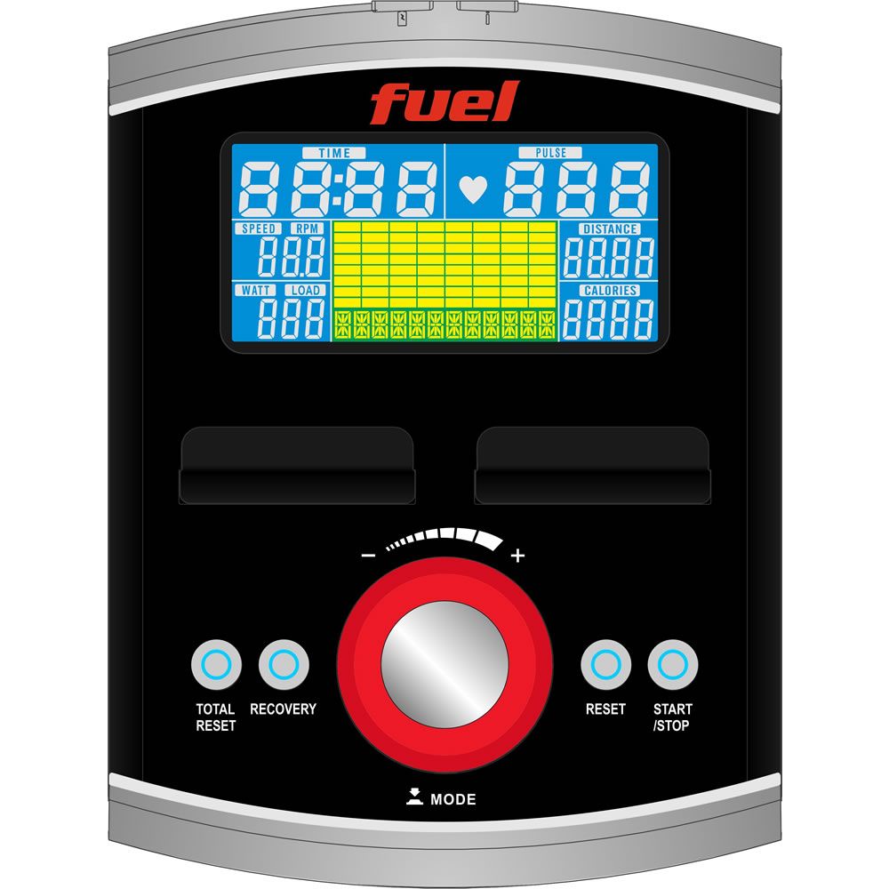 Konsole des Ellipsentrainers. Digitalanzeige mit Trainingsdaten. FUEL-Logo. Knöpfe und Drehregler.