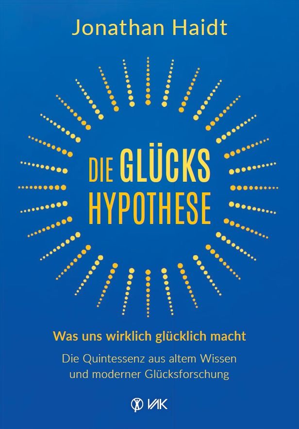 Buchcover mit blauem Hintergrund. Titel: Die Glückshypothese. Autor: Jonathan Haidt. Gelbe Schrift und Illustrationen.