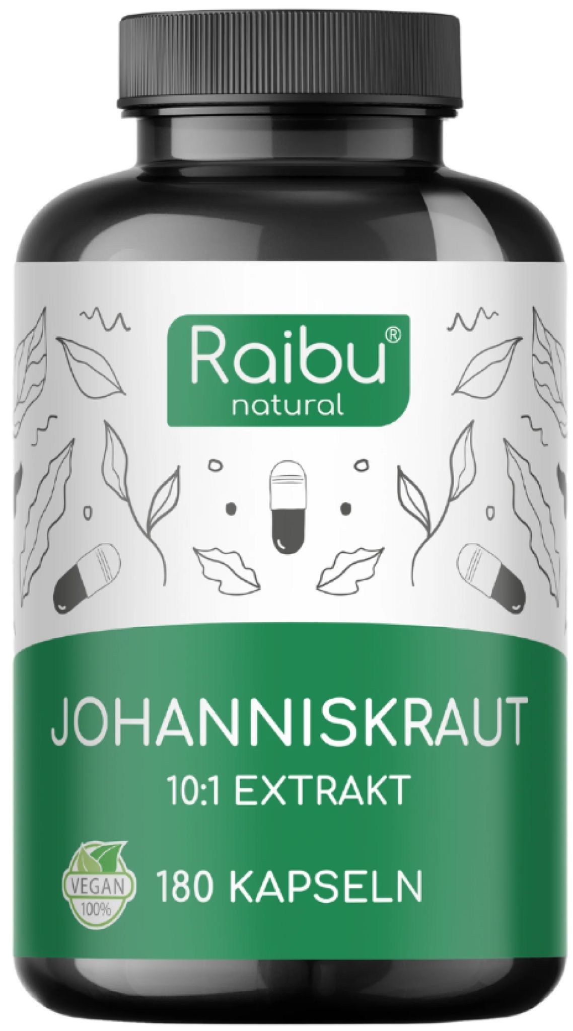 Braune Flasche mit schwarzen Deckel. Aufschrift: Johanniskraut 10:1 Extrakt, 180 Kapseln. Vegan-Siegel.