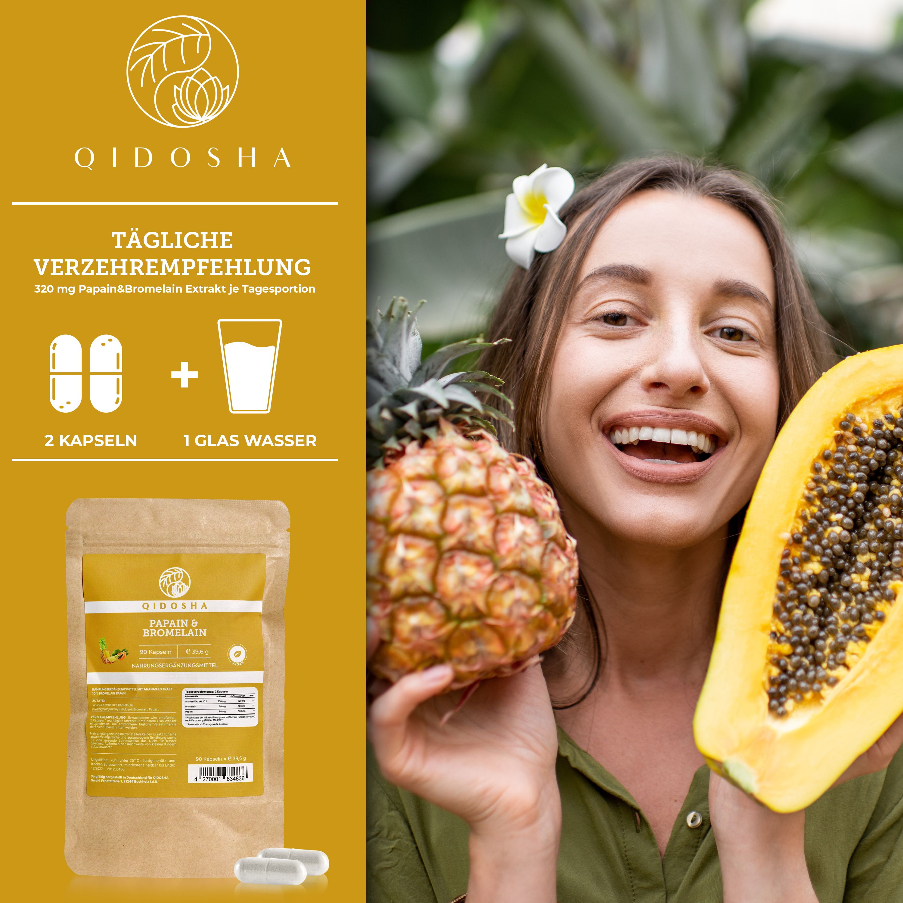 Qidosha Papain Bromelain 90 g Magensaftresistente Hartkapseln