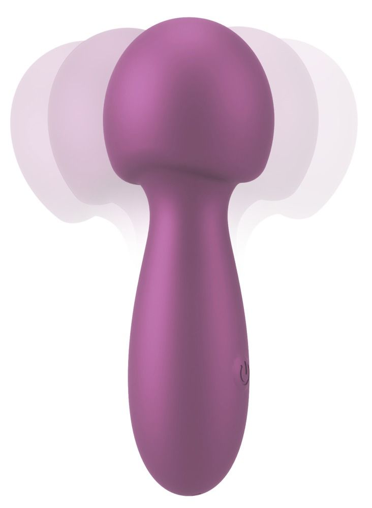 Lila Mini-Massagegerät. Abgerundeter Kopf, länglicher Griff. Ein/Aus-Taste. Bewegungsunschärfe um den Kopf.