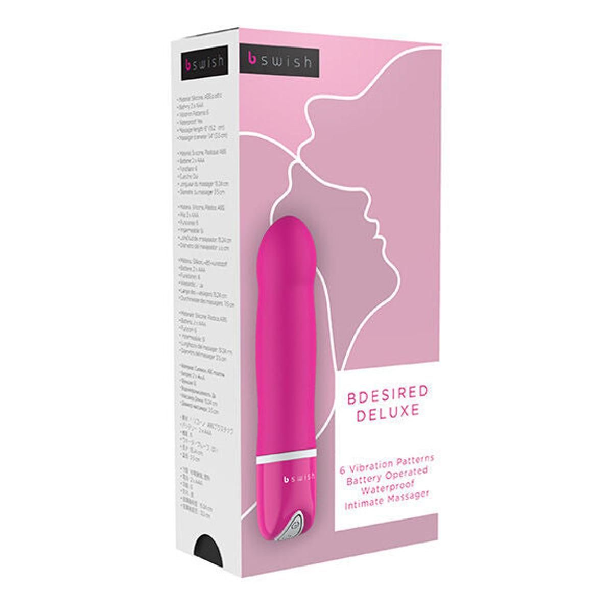 Verpackung mit pinkfarbenem Minivibrator. Text: 'B-Desired Deluxe', '6 Vibration Patterns', 'bswish'. Rosa Hintergrund.