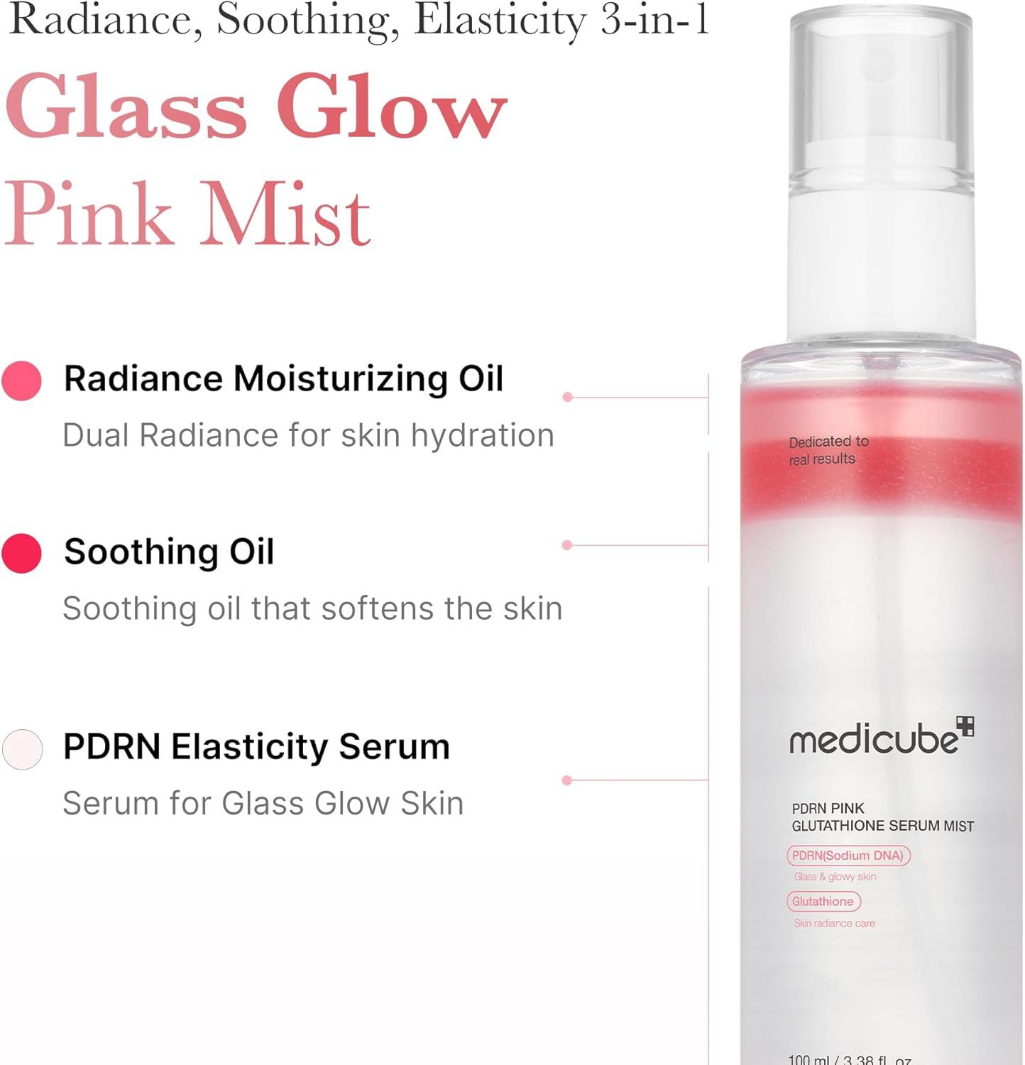 Produktname: Glass Glow Pink Mist. Flakon mit rosa Flüssigkeit. Aufschrift: MEDICUBE PDRN GLUTATHIONE SERUM MIST. Text: Radiance, Soothing, Elasticity.