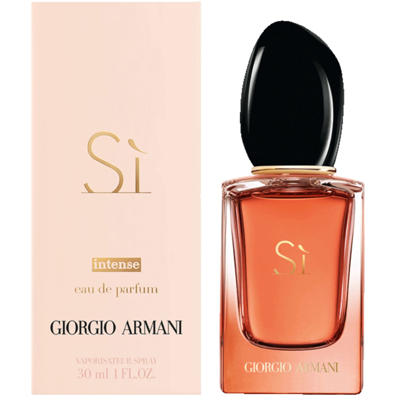 Giorgio Armani Sì Intense E.d.P. Nat. Spray und Verpackung. Flakon und Schachtel. Goldfarbener Schriftzug „Sì“ und „intense“.