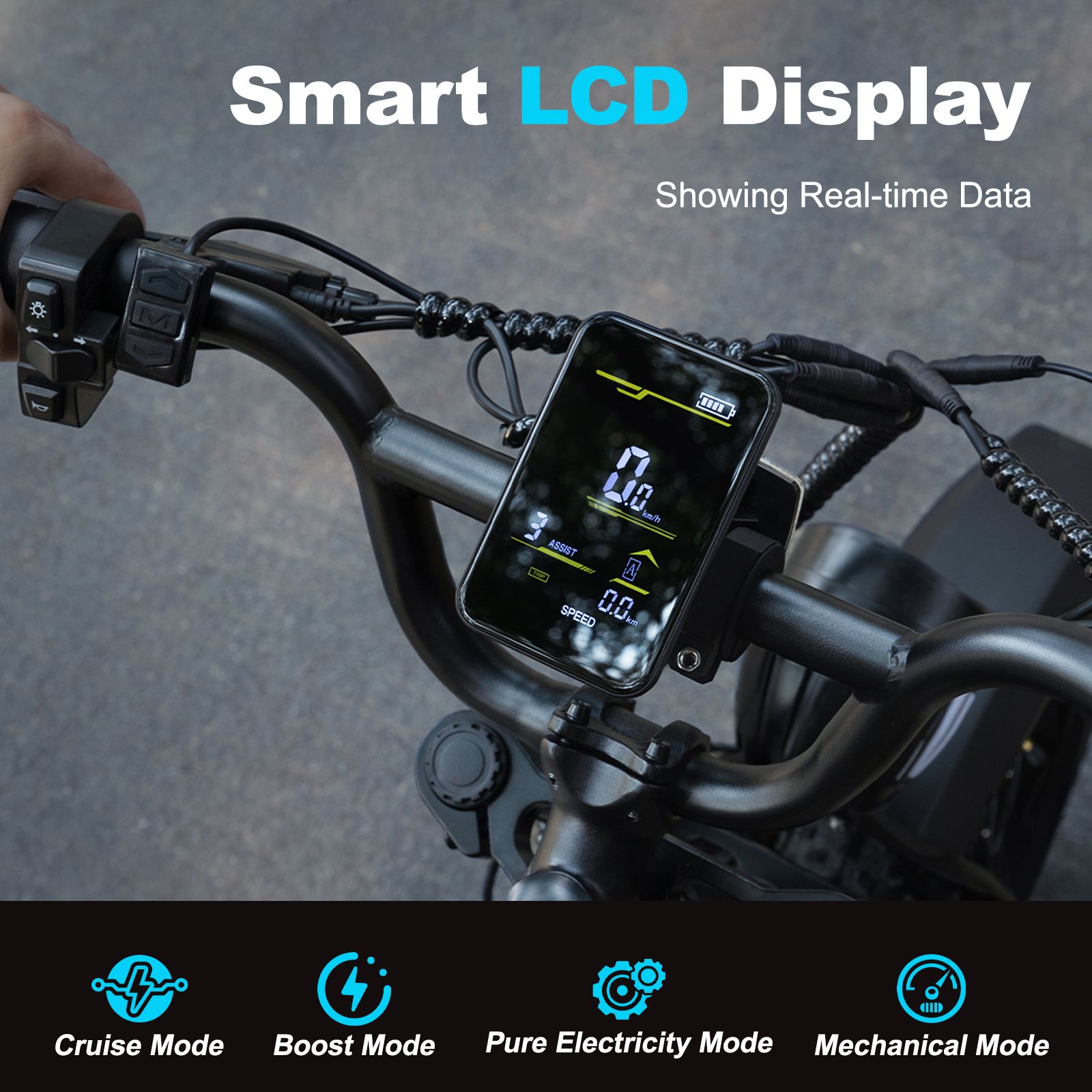 E-Bike-Lenker mit Smart-LCD-Display. Zeigt Echtzeitdaten an. Modi: Cruise, Boost, Pure Electricity, Mechanical.