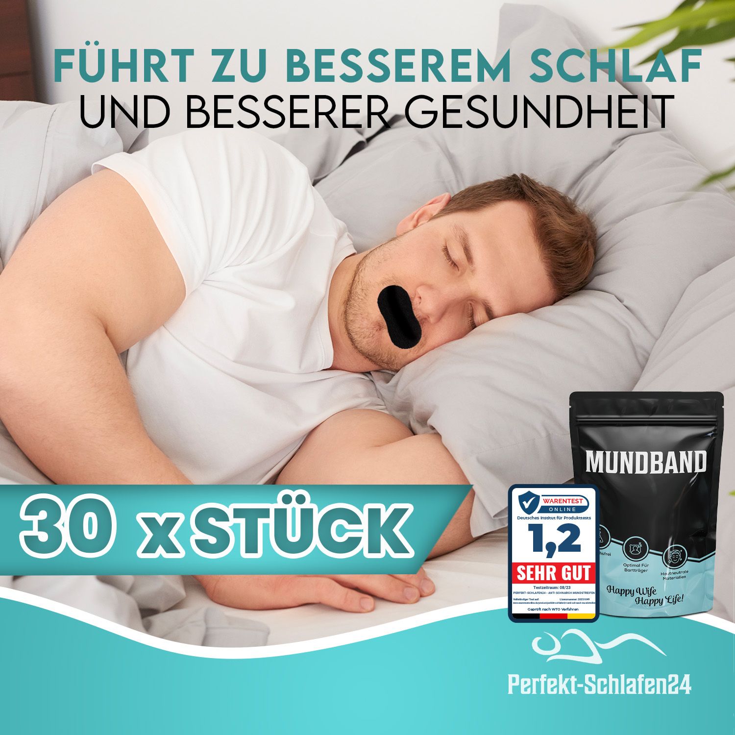 Mann schläft mit Mundpflaster. Packung mit Mundband und Bewertungssiegel. Aufschrift: 30 x Stück, Perfekt-Schlafen24.